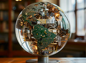 Ein transparenter Globus auf einem Standfuß, der detailliert mit verschiedenen elektronischen und mechanischen Komponenten bestückt ist, die die Kontinente formen, symbolisiert die globale Vernetzung und den Einfluss der Elektromechanik auf die Welt.