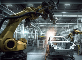 Das Bild zeigt einen Roboter in der Industrie wie er an einem Auto arbeitet