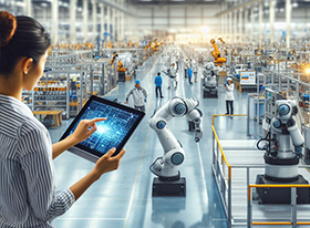 Das Bild zeigt eine futuristische Fabrik, in der Roboter die Hauptaufgaben übernehmen.