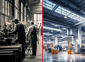 Ein geteiltes Bild, das zwei Fabrikszenen zeigt: Auf der linken Seite eine traditionelle Fabrik mit Arbeitern an Maschinen in einem dunklen, industriellen Ambiente; rechts eine moderne, helle Fabrikhalle mit automatisierten Maschinen und wenigen Menschen.