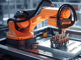 Das Bild zeigt einen modernen Roboter-Arm in einer Fabrik um das Thema "Zukunft gestalten" zu symbolisieren.