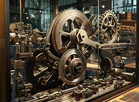 Historische Maschinerie mit Zahnrädern und mechanischen Teilen, ausgestellt in einer Vitrine, repräsentativ für frühe Industrietechnologie.