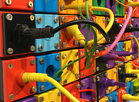 Farbenfrohe Steckverbinder in Rot, Blau, Gelb und weiteren Farben, fest verbunden mit einer Vielzahl von bunten Kabeln, die eine lebendige und komplexe Vernetzung darstellen.