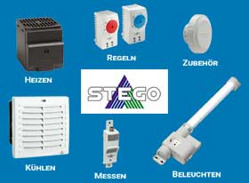 Bild zeigt je ein Produkt aus allen Bereichen von STEGO Themal Management Produkten