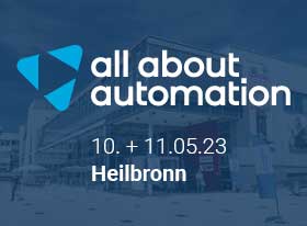 Bild zeigt Logo der all about automation mit Veranstaltungsdatum 10. und 11. Mai 2023